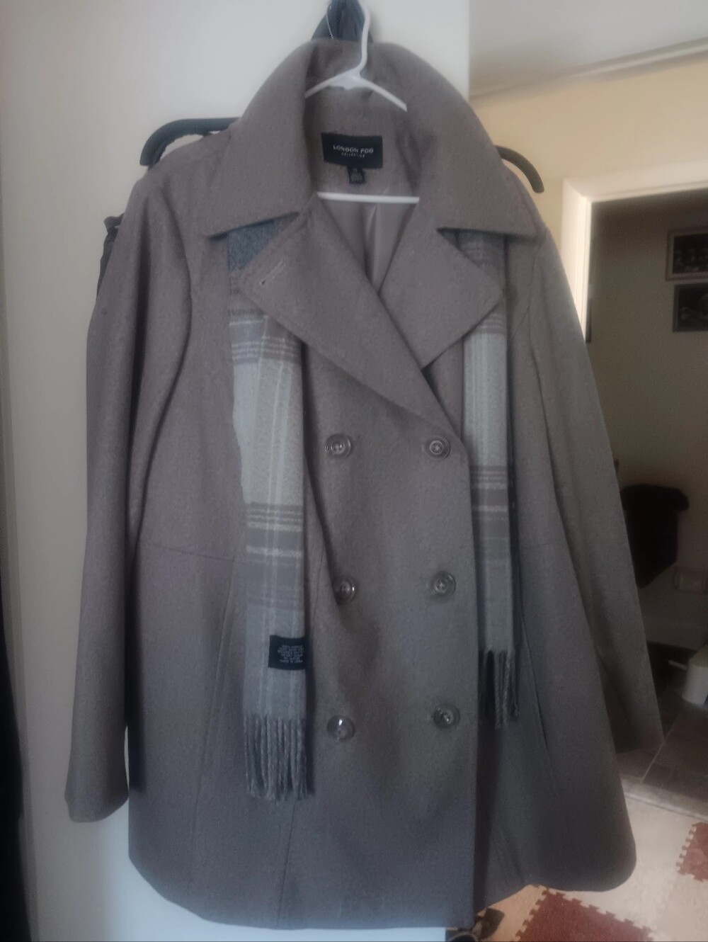 London Fog Taupe Double-Breasted Coat with Plaid Scarf